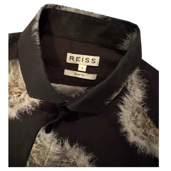 REISS Apache - Mens Dandelion Print Organic Cotton Shirt in Black Slim Fit Sz L - Picture 9 of 11